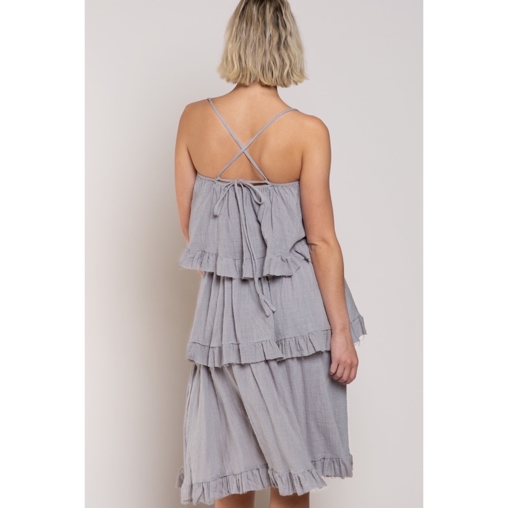 POL Grey Spaghetti Strap Ruffle Tiered Linen Dress - Picture 4 of 6